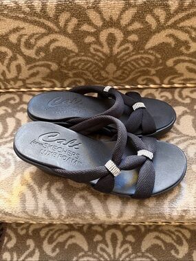 Skechers Black Luxe Foam Slide Sandals with Rhinestone Accents